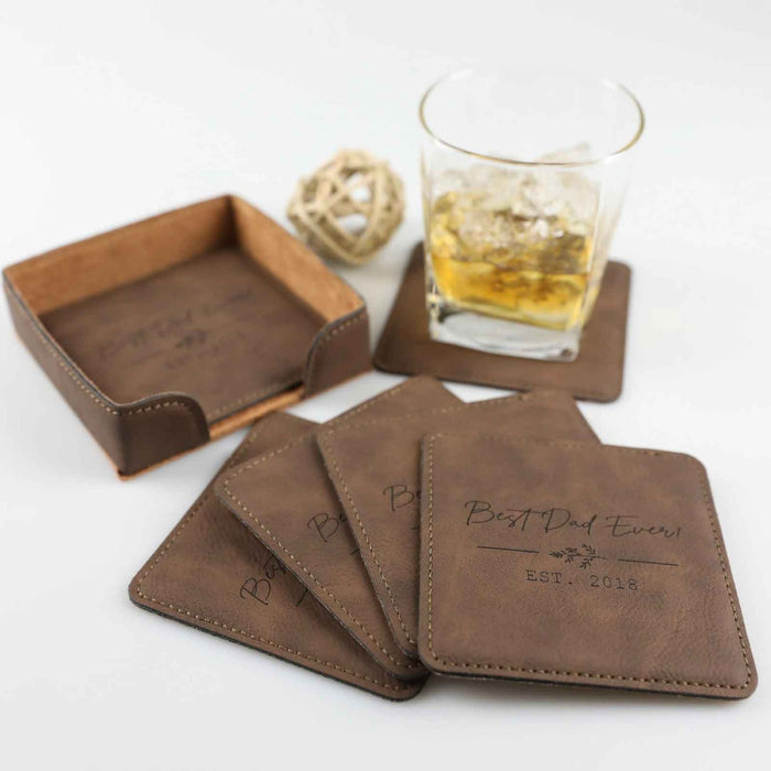 Customised Black Engraving Father's Day Leather Coaster Set Present