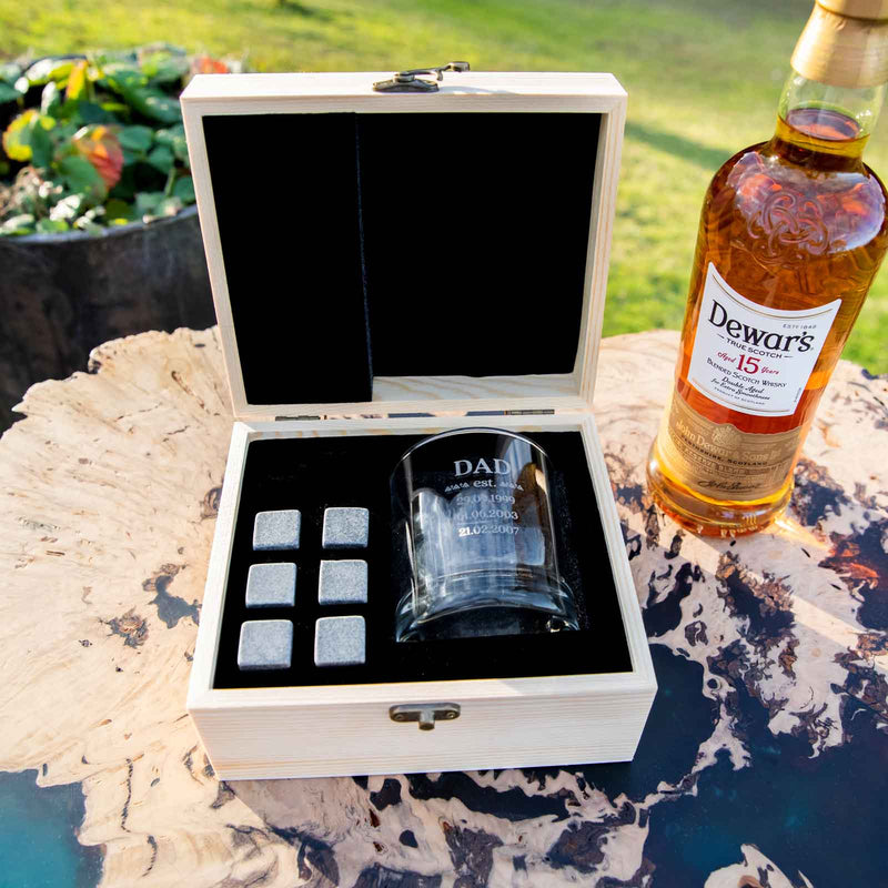 Personalised scotch glass and whiskey stone gift set for Dad