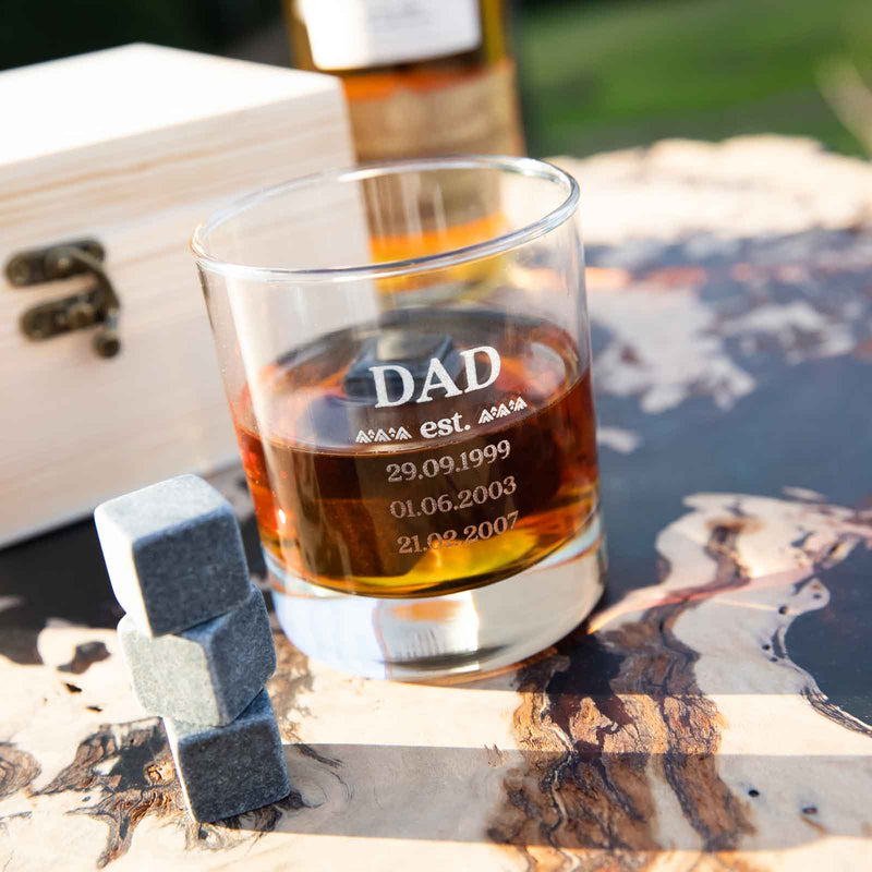 Laser engraved scotch glass and whiskey stones in keepsake box