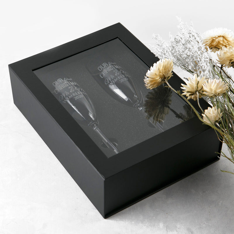 Custom Designed Engrave Christmas "our first Christmas as Mr & Mrs Surname" Champagne Glasses Present