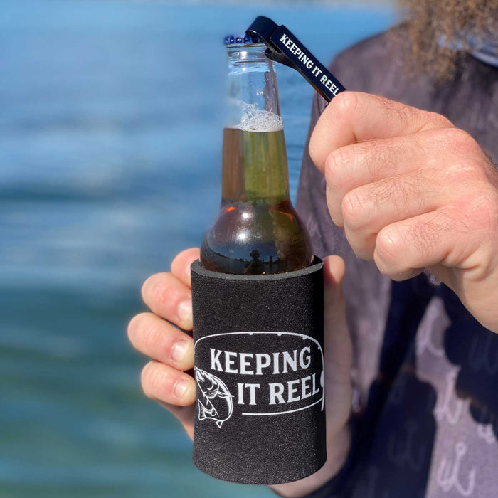 The Ultimate "Keeping it Reel" Fisherman Black beer bottle opener and Stubby Holder