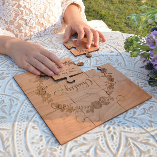Custom designed laser cut and engraved flower girl wedding puzzle gift