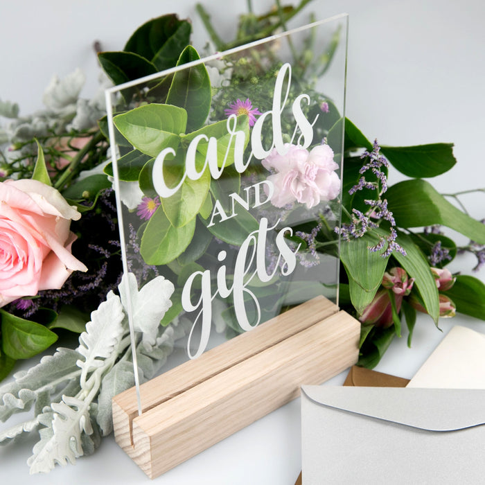 Engraved Clear Acrylic Gifts & Cards Sign with Wooden Base ...