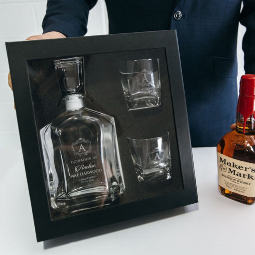 Personalised Engraved Godparent Decanter Gift Set - Premium Whiskey Decanter PLUS 2 Scotch Glasses