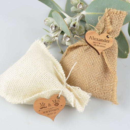 Light and Dark Hessian Wedding reception favours Bags with Custom designed laser engraved Wooden Gift Tag