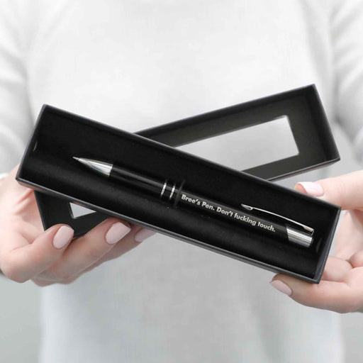 Customised gift boxed black pen with engraved rude message