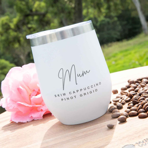 Custom Designed Engraved Mother's Day White Coffee Keep Cup Wine Sipper Silver Rim Gift