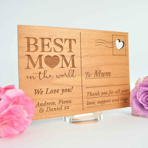 Personalised Engraved Wooden Mother's Day Postcard with Stand Present