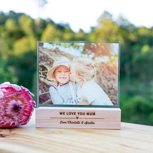 Personalised Colour Printed Acrylic Photo Print with Engraved Wooden Base