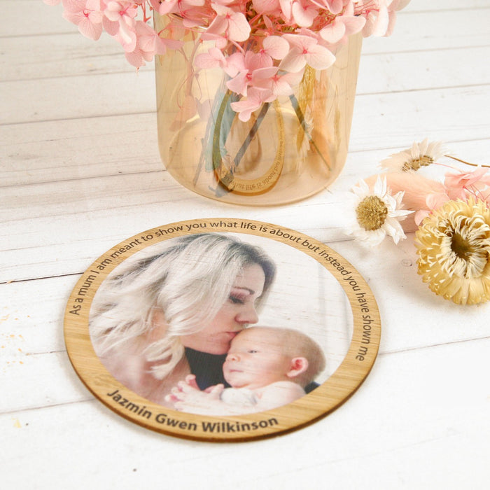 Customised Printed Mother's Day Photo on Round Bamboo Card With Magnet Present