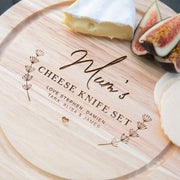 Customised Engraved Wooden Handle 3 Piece Cheese Knife Set and Serving Board Mother's Day Present