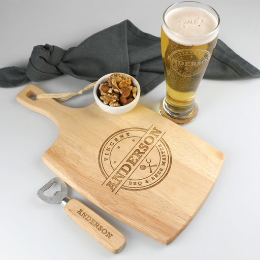 Personalised Engraved Father's Day Hamper include wooden paddle board, schooner beer glass and wooden handle bottle opener