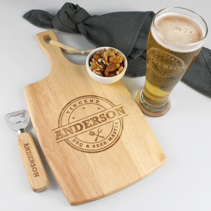 Customised Engraved Father's Day wooden paddle board, schooner beer glass and wooden handle bottle opener Hamper Present