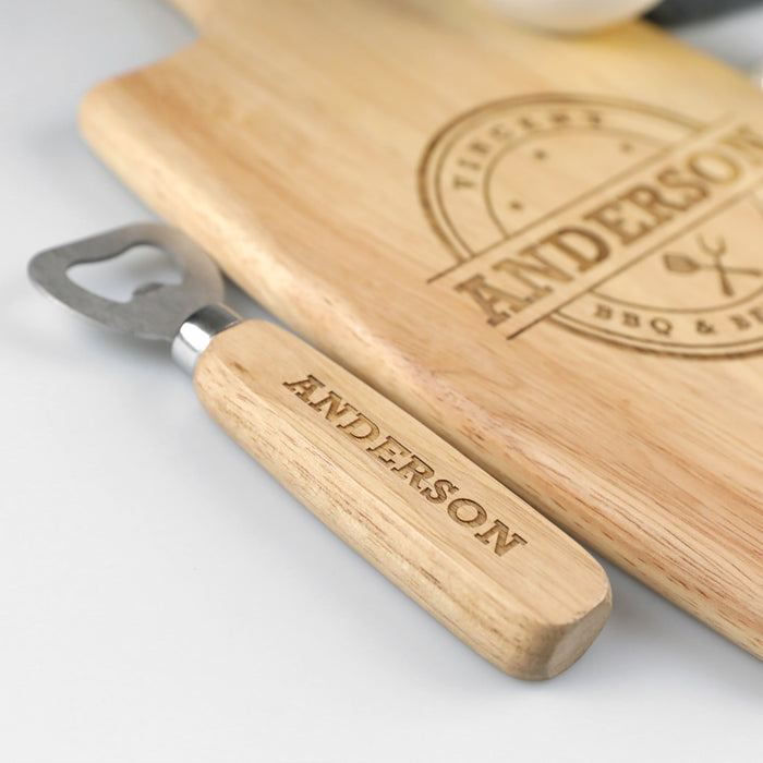 Custom Designed Engraved Father's Day Hamper include wooden paddle board and wooden handle bottle opener Present