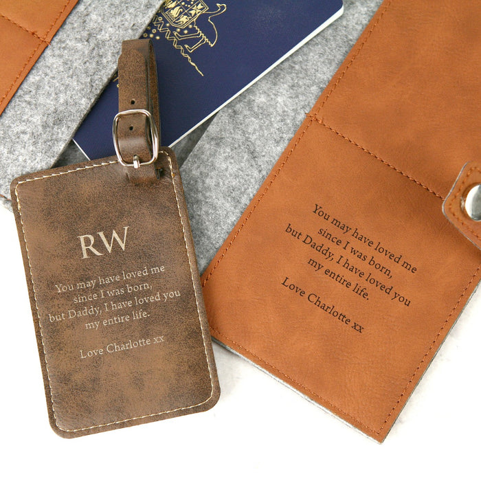 Custom Message and Initials Engraved on Leather Passport Holder & Luggage Tag Present