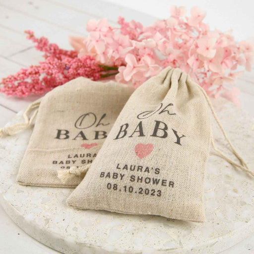 Personalised Colour Printed "Oh Baby" Calico Drawstring Bags Baby Shower Favours
