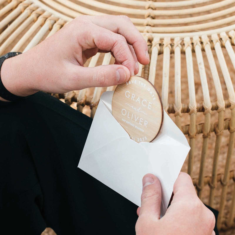 Personalised Printed Bride Groom Names Bamboo Round Wedding Save the Date Invitations