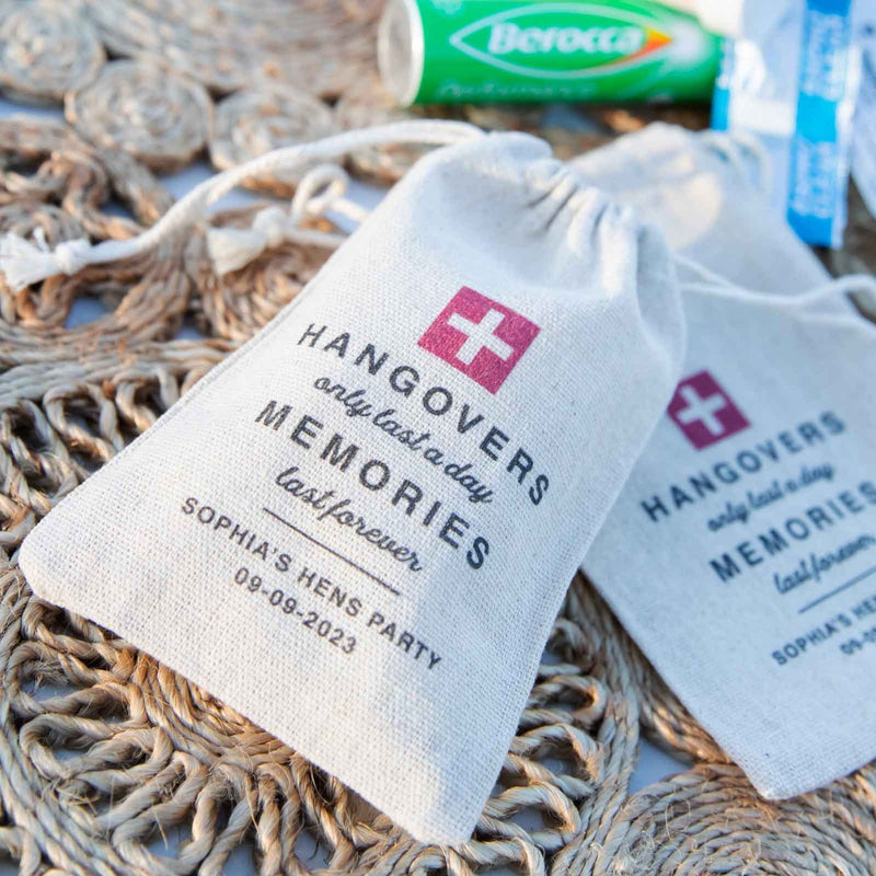 Custom Designed Printed Hens Party Hangover hessian Bag Kit favours