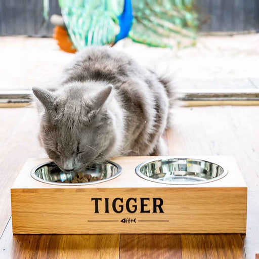 Personalised Printed Wooden Pet Feeding Station with Stainless Steel Pet Bowls Present