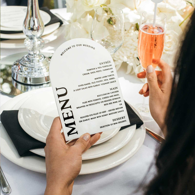 Customised Printed White Acrylic Wedding Arch Menu