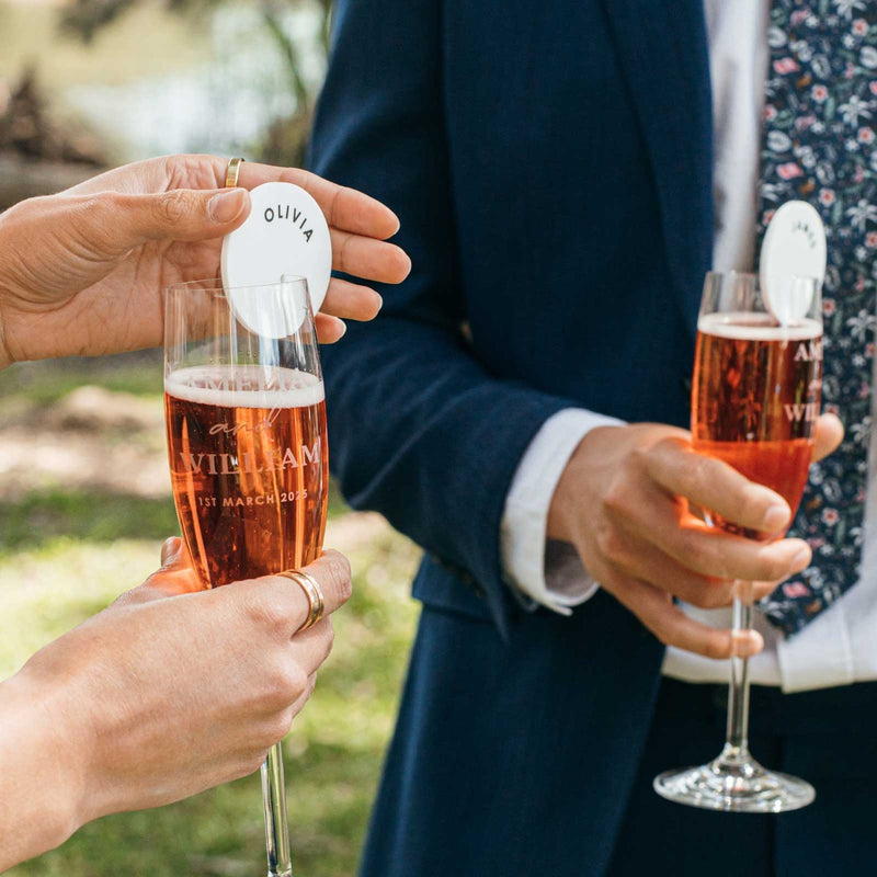Custom Print White Round Champagne Glass Wedding Place Card Favour