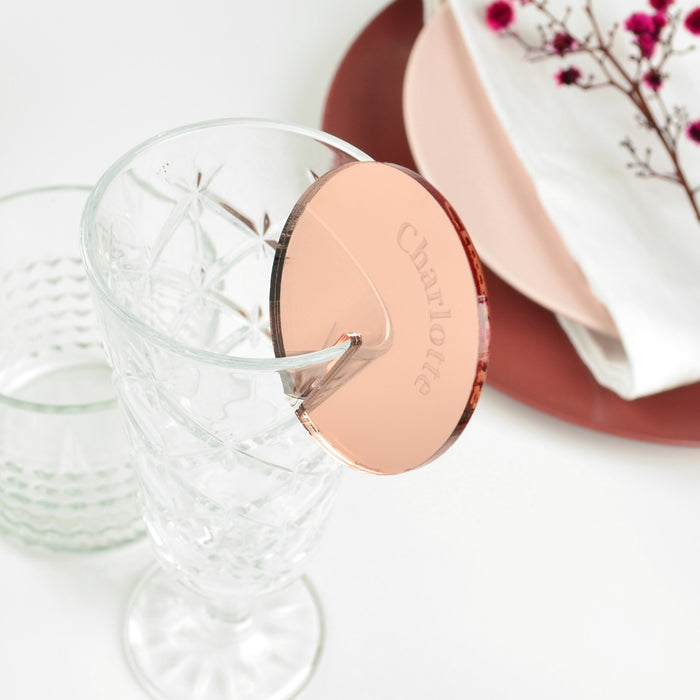 Round Rose Gold Mirror Acrylic Wedding Place Cards for Glassware