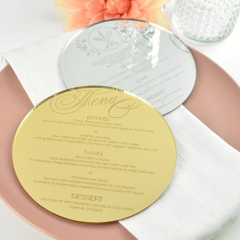 Personalised Engraved Round Mirror Gold & Silver Wedding Menu