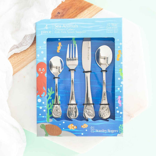 Personalised Engraved Stainless Steel Children's Cutlery 4 Piece Set Sea Animals