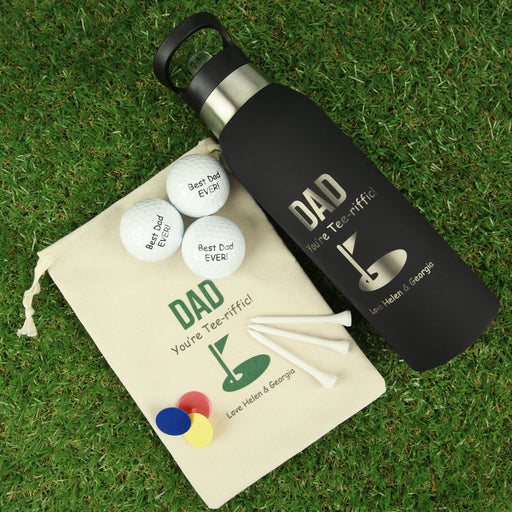 Personalised Engraved Sporty Dad Hamper - Engraved Drink Bottle, Golf ball, Tees & ball markers