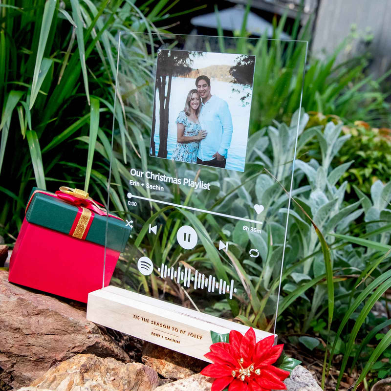 Printed A4 Acrylic Spotify Christmas Playlist Code Plaque with Engraved Wooden Base