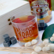 Customised Engraved Super Dad Wooden Gift Boxed Scotch Glass and Whiskey Stone Set