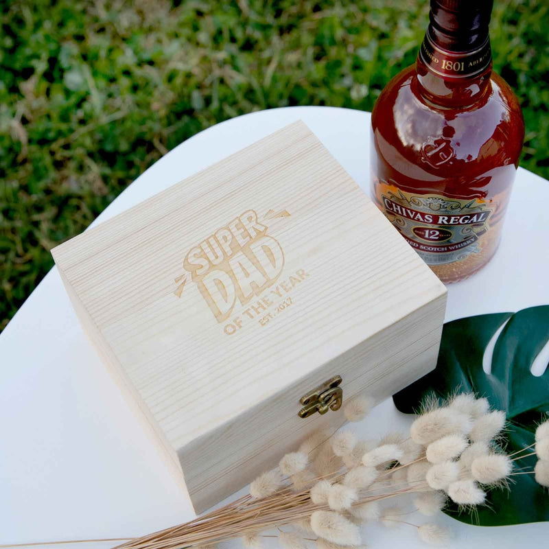 Custom Designed Engraved Super Dad Wooden Gift Boxed Scotch Glass and Whiskey Stone Set