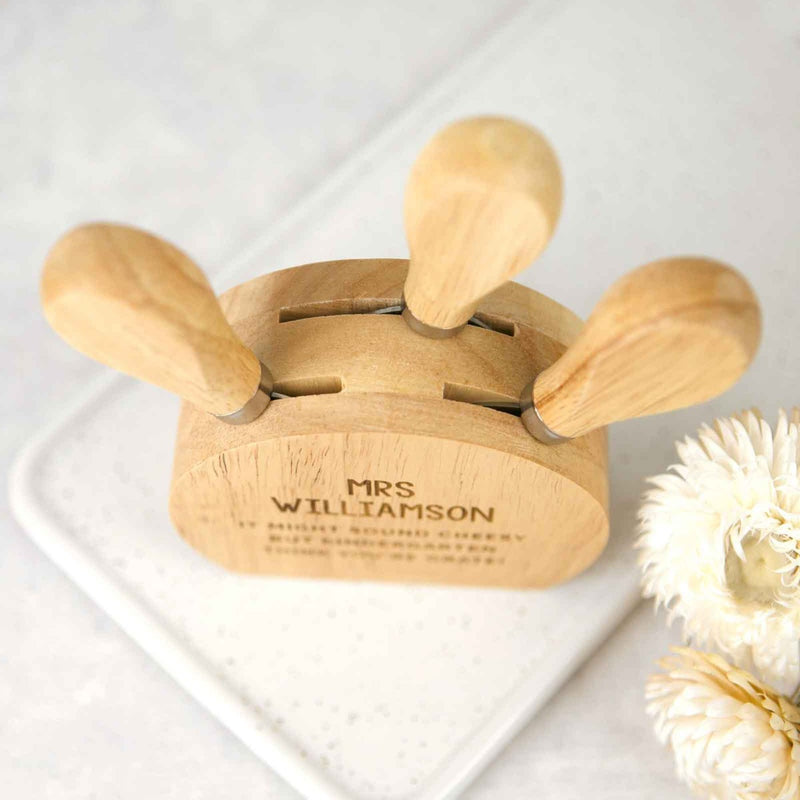 Customised Engraved Wooden 3 Piece Cheese Knife Block Set Teacher's Christmas Gift