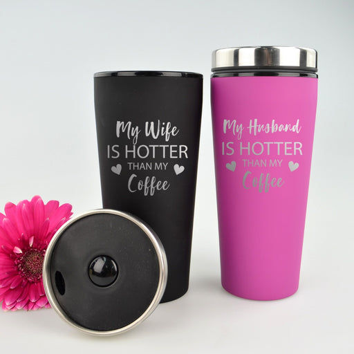 Personalised Engraved "My Wife is Hotter" Black & Pink Valentine's Travel Mug Present