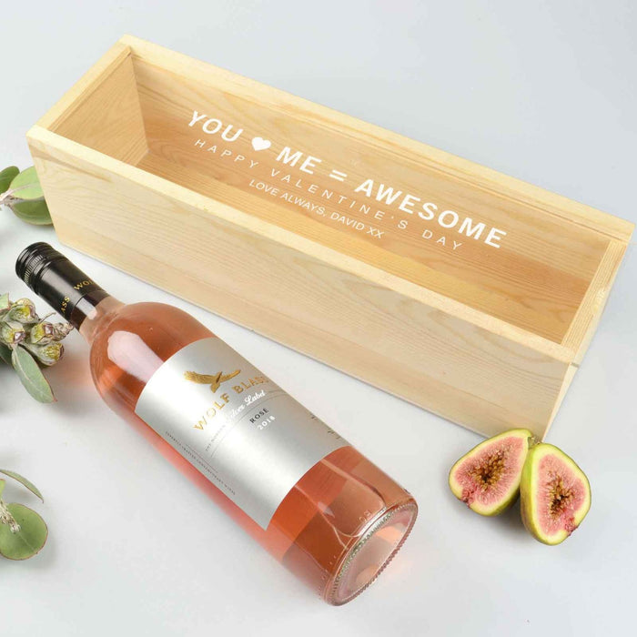 Custom Designed Engraved Valentine's Day wooden wine or champagne box with clear display lid Present