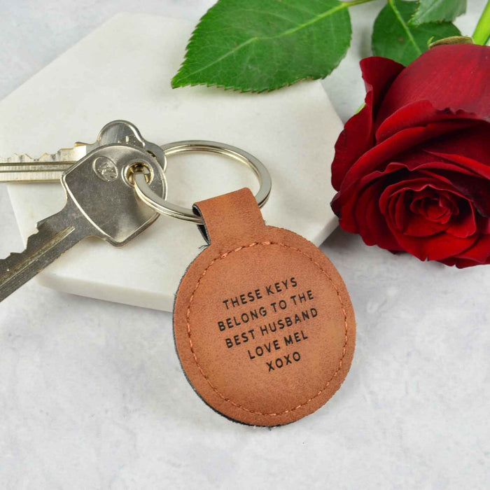 Custom Designed Engraved Valentine's Day Tan Leatherette Keyring Present