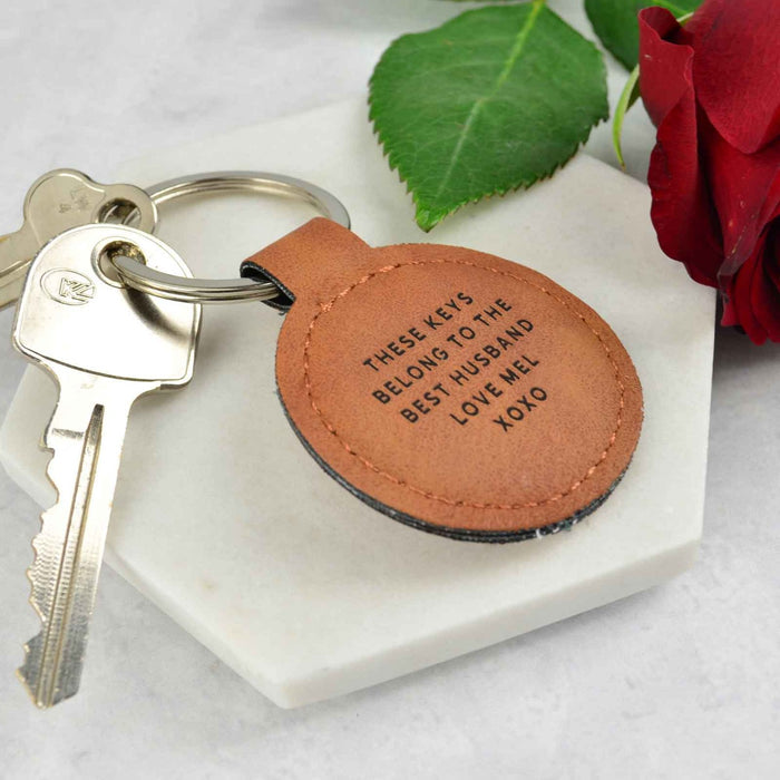 Customised Engraved Valentine's Day Tan Leatherette Keyring Present