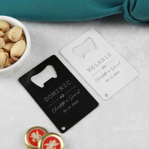 Personalised Engraved Black and White Wedding Credit Card Bottle Opener Favours