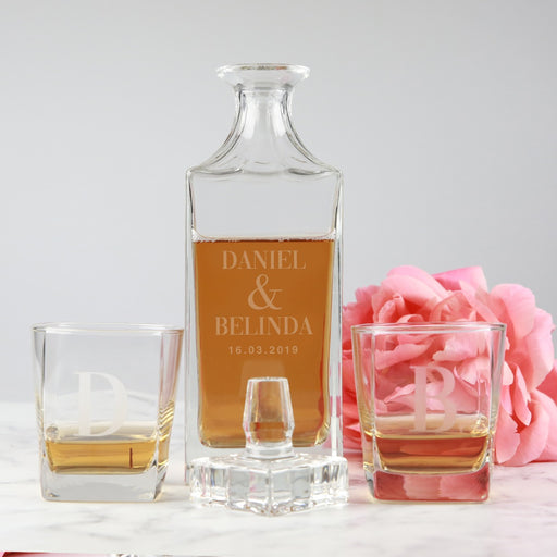 Customised Engraved Square whiskey decanter and Scotch glasses set Wedding Bride & Groom Present