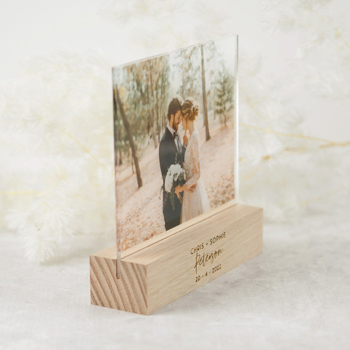 Acrylic Wedding Photo Print with Engraved Wooden Base