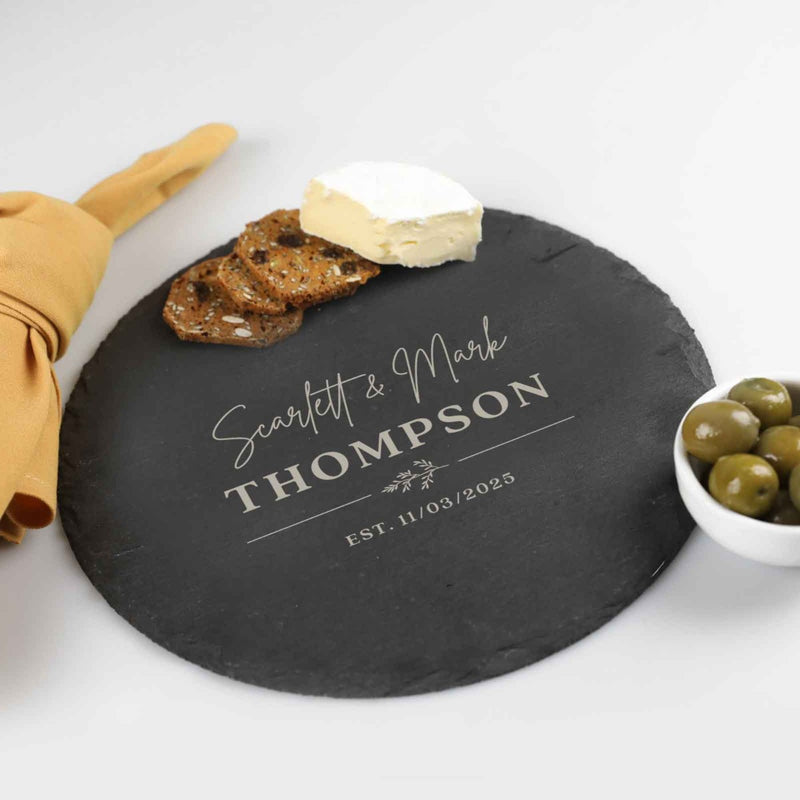 Customised Engraved Engraved Round Wedding Slate Cheese Board Bride & Groom Gift
