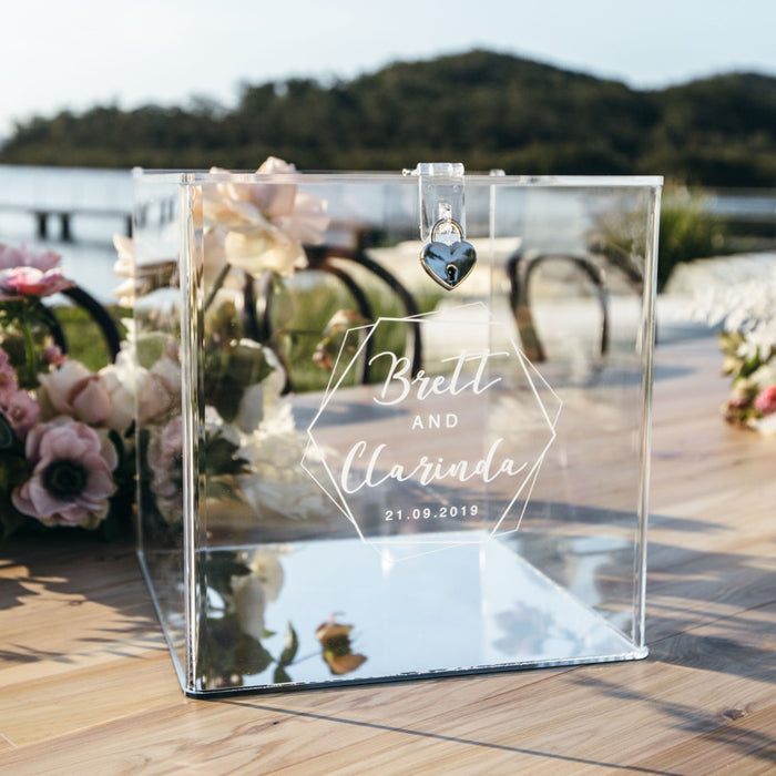 Personalised Engraved Silver Base Clear Acrylic Wedding Wishing Welling With Heart Shaped Lock
