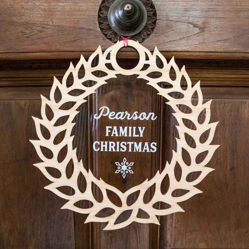 Laser Cut Wooden Christmas Wreath with Engraved Clear Acrylic Backing