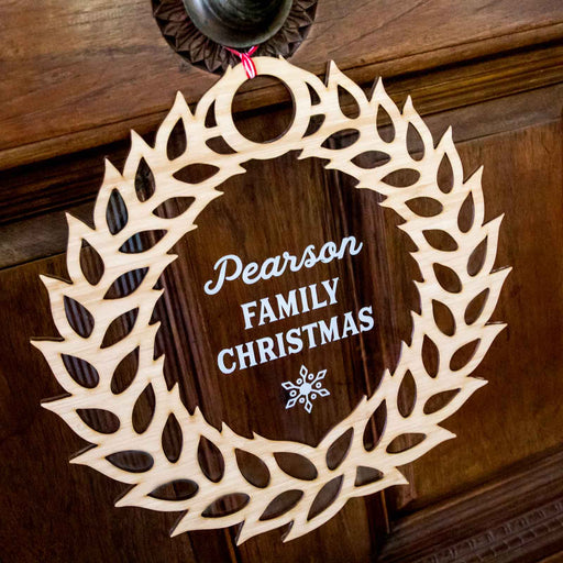 Laser Cut & Engraved Wooden Christmas Wreath with Engraved Clear Acrylic Backing