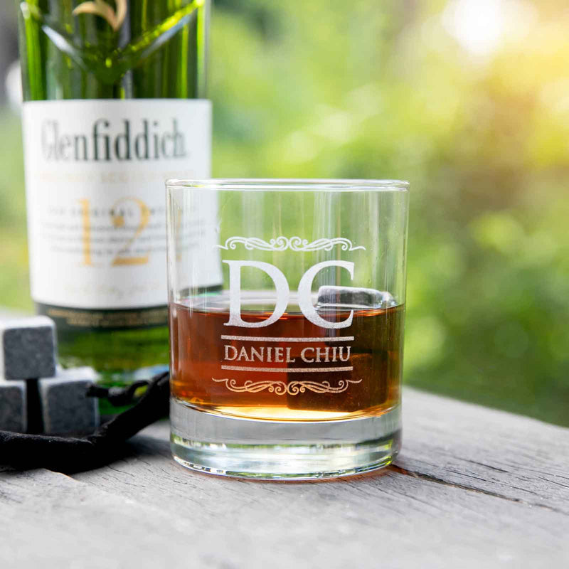 Customised Artwork Engraved Name Birthday Wooden Gift Boxed Scotch Glass and Whiskey Stone Set Present