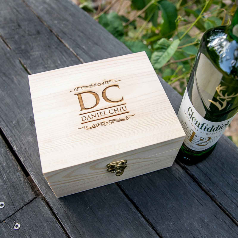 Custom Engraved Name Initials Wooden Gift Boxed Scotch Glass and Whiskey Stone Set Birthday Gift