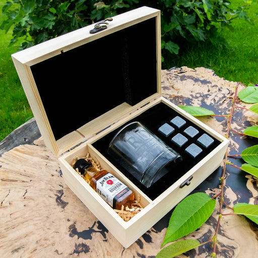 Personalised Engraved Father's Day Wooden Gift Boxed Scotch Glass, Whiskey Stone and 50ml Spirit Bottle Set