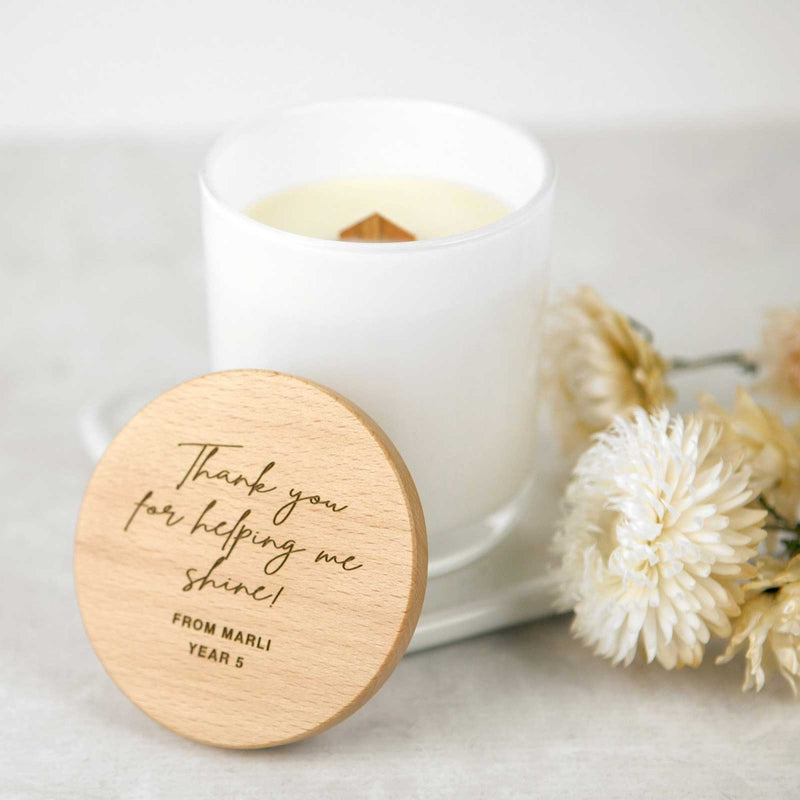 Custom Designed Engraved White Soy Candle with Wooden Lid Teacher's Christmas Gift