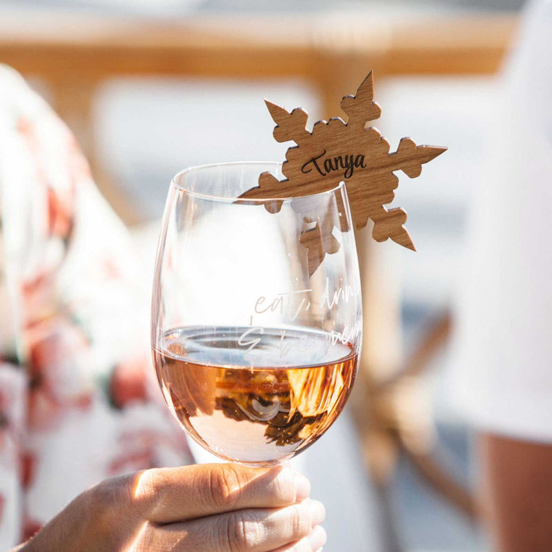 Personalised Engraved Wooden Christmas Laser Cut Snowflake Glassware Place card