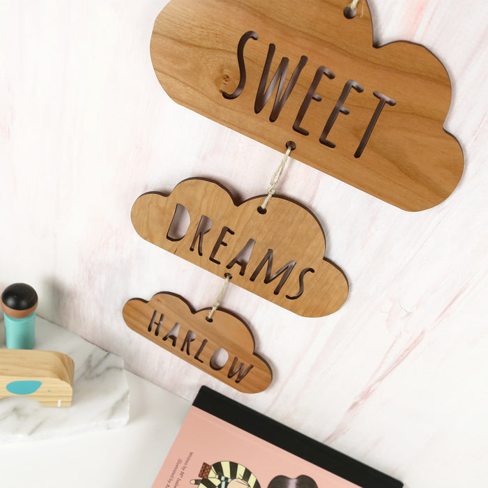 Customised Laser Cut Wooden Sweet, Dreams, Name Cloud Room Sign Hanging Decoration Birthday Gift